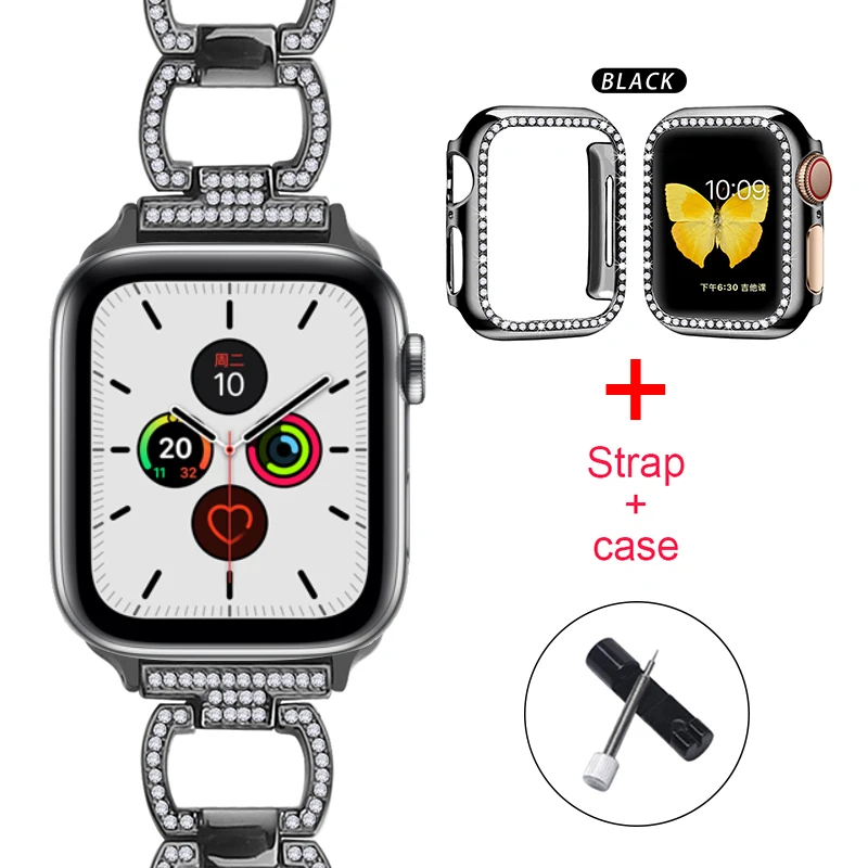Металлический ремешок для Apple Watch+ чехол серии 5 ремешок 40 мм 44 мм бриллиантовое кольцо 38 мм 42 мм браслет из нержавеющей стали iwatch 4/3/2/1
