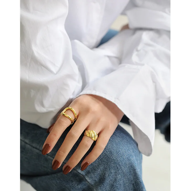

YPAY 100% Authentic 925 Sterling Silver Open Rings for Women Korea INS Double Lines Smooth Adjustable Ring Bague Jewelry YMR1094