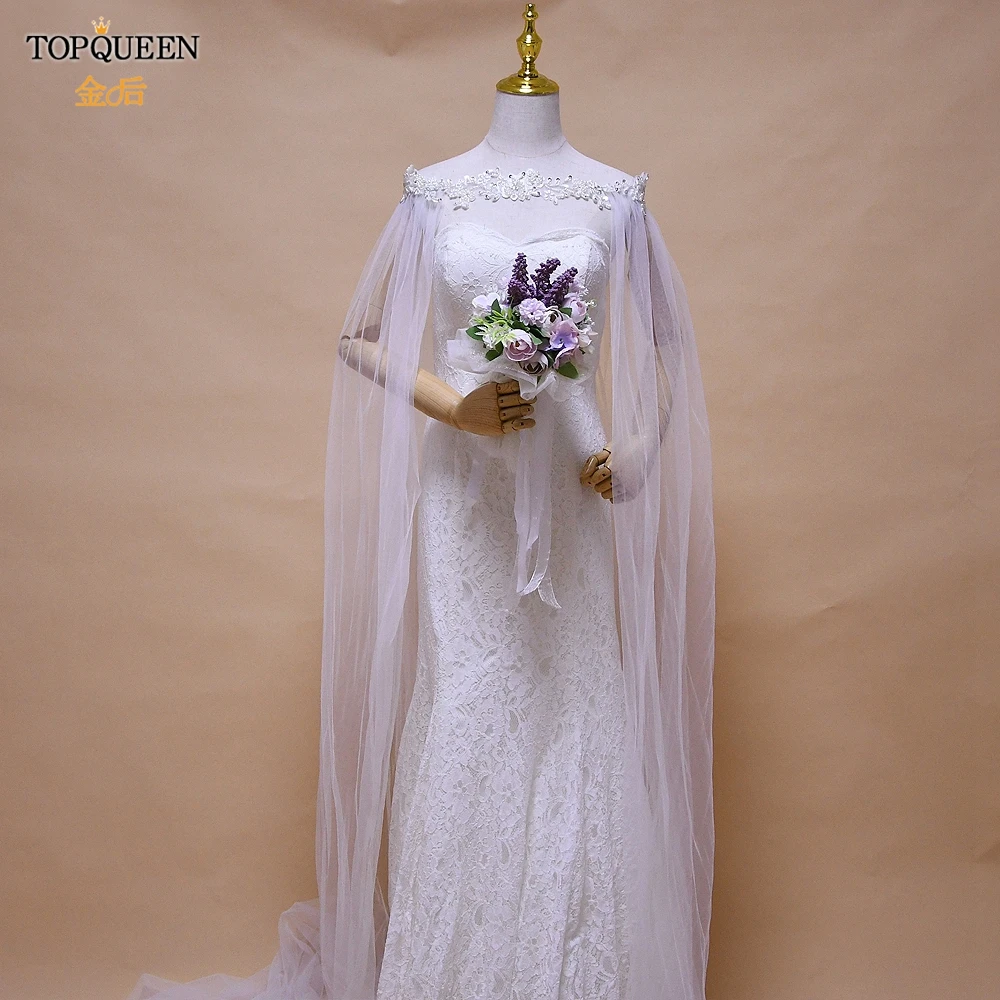

TOPQUEEN G26 Свадебная накидка с жемчужной аппликацией, свадебная накидка, элегантные длинные накидки, Высококачественная Женская длинная шаль, ...