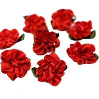 hl 30pcs with leaf red ribbon flowers handmade appliques head garment wedding decoration diy sewing accessories a987