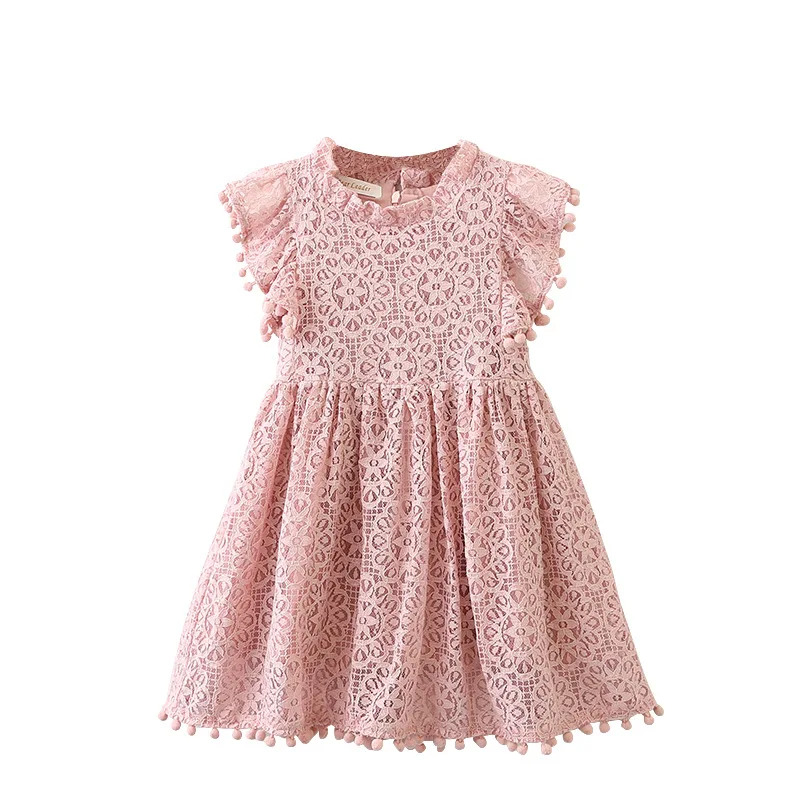 

27Kids Summer New Girls Sweet Lace Flying Sleeve Princess Hollow Printing Dress Children's and Breathable 2-8Years
