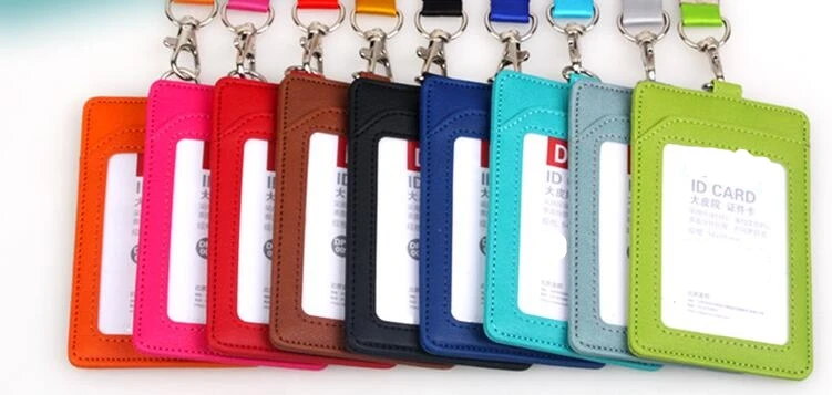 

Pure Color Small Fresh Leather ID Badge With Lanyard ID Card Work Permit Bus Card Holder Business Office ID Holder