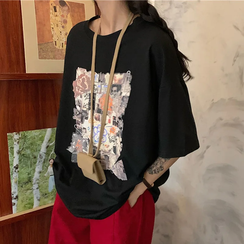 Женские винтажные футболки с принтом повседневные Свободные корейские рубашки в