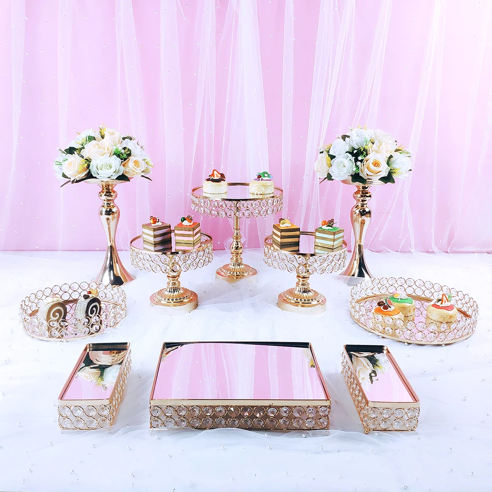 Conjunto de soporte de pastel de plata con cristal dorado, decoraci&oacute;n de magdalenas de metal con base de postre para fiesta, expositor de pastel, nuevo estilo-4