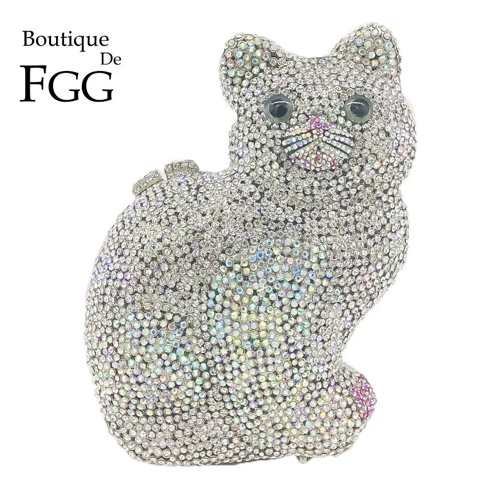 Женский мини клатч Boutique De FGG трехмерный в форме кошки с бриллиантами для