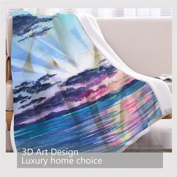 BlessLiving Watercolor Blanket For Bed Sunrise Fluffy Blanket Sunset on the Sea Sherpa Blanket Colorful Landscape Mantas De Cama 3