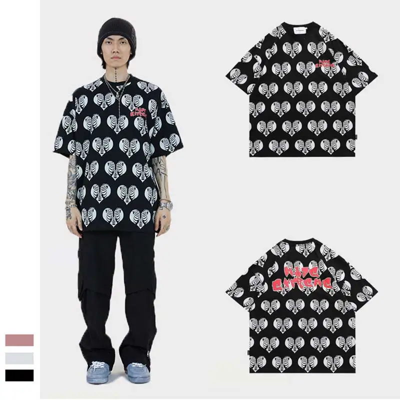 

Pink Heart Print Oversized Men T Shirt Hip-Hop Cotton T-Shirt For Men Summer Japanese Male Causal Tshirts Fashion Loose Tees M-X