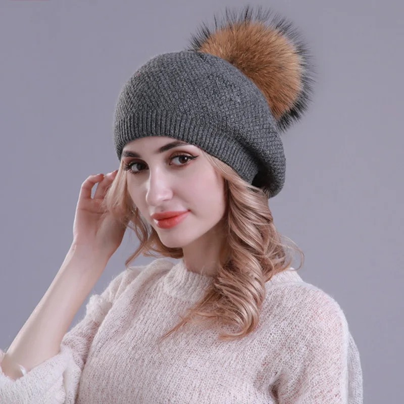 

Новая зимняя вязаная шапка, женская теплая двухслойная шерстяная теплая женская шапка с помпоном