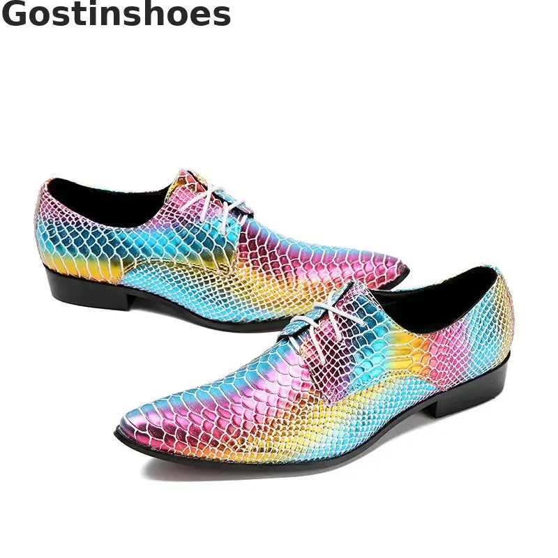 Модные мужские туфли в стиле Дерби цвета радуги повседневные кожаные из
