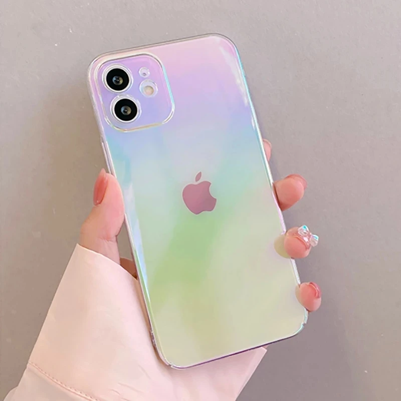 Luxury Rainbow Laser Phone Case For iPhone 14 13 12 11 Pro Max X XS XR 7 8 Plus SE 2022 Colorful Aurora Transparent Back Cover