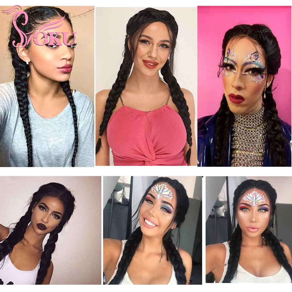 

Synthetic Braided Wig Double Braids Ponytail Long Braid Wigs Middle Part with Baby Hair For Afro Women SOKU Glueless Wig