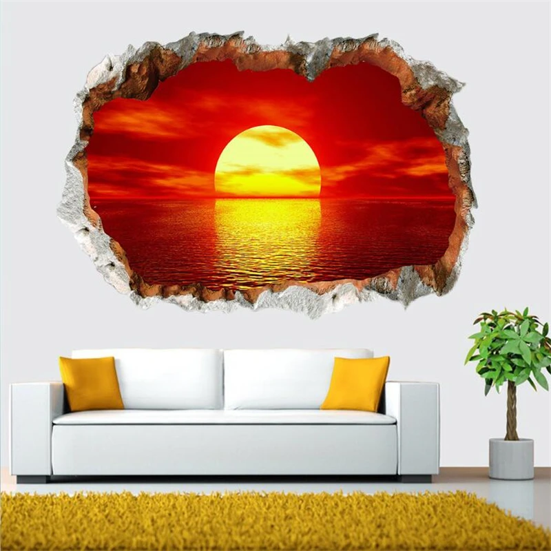 3D vivid sunset landscape painting wall stickers living room bedroom home decoration art mural still life | Дом и сад