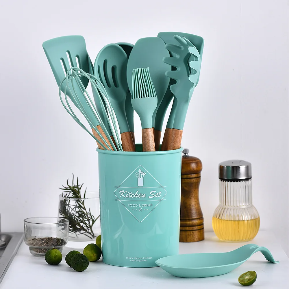

Silicone Cookware Set Kitchen Tools Non-stick Spatula Shovel Wooden Handle Cooking Utensils Kitchenware Accessories Egg Beaters