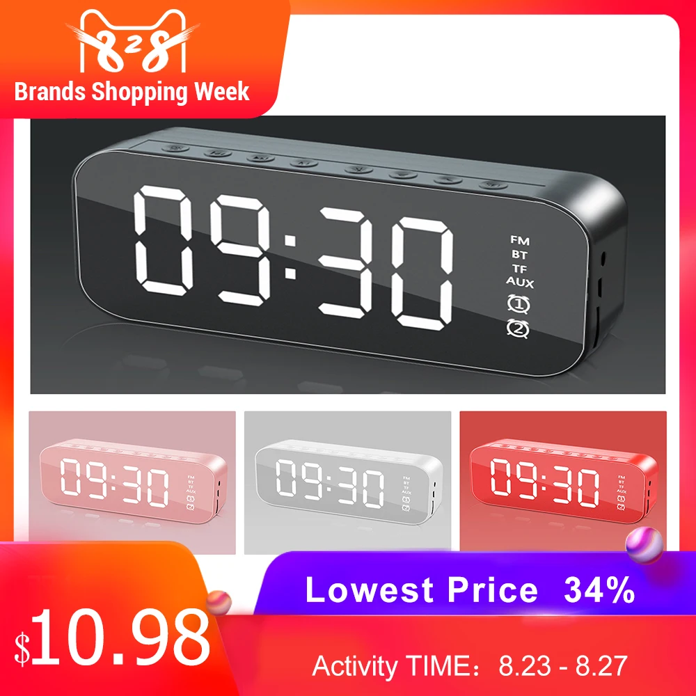 

LED Mirror Desktop Alarm Clock Multifunctional Bluetooth-compatible FM Radio Sound Box Subwoofer Music Player TF Card Home Decor