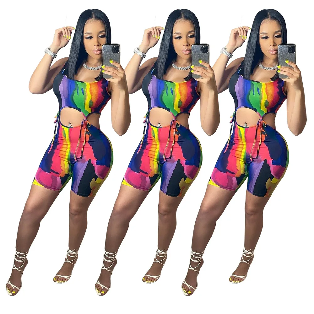 

Tie Dye Women Rompers Fitness Sleeveless Cut Out Biker Playsuit Sexy Night Club Party One Piece Jumpsuit Summer Workout Overalls