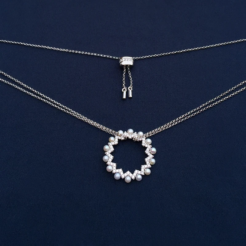 

s925 sterling silver September new natural pearl round moon cross necklace female mid-length sweater chain necklace