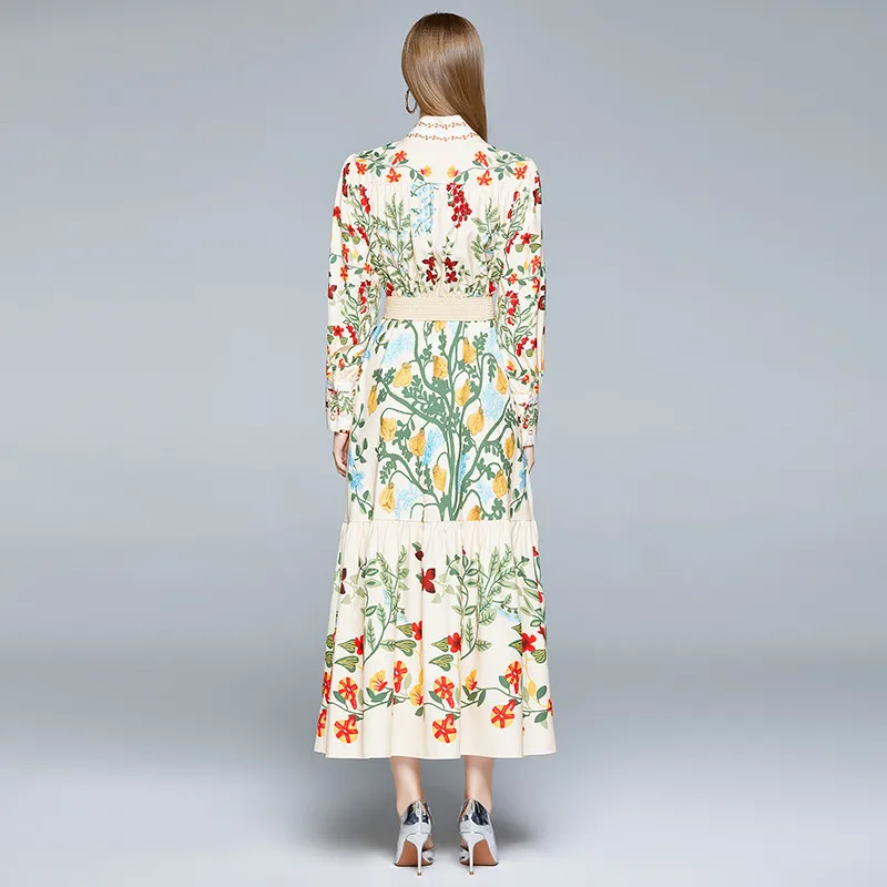 

Stand Neck Vintage Floral Print Party Dress Women Runway Long Maxi Dress with Belt Loose Long Sleeve Autumn Winter Dress B601
