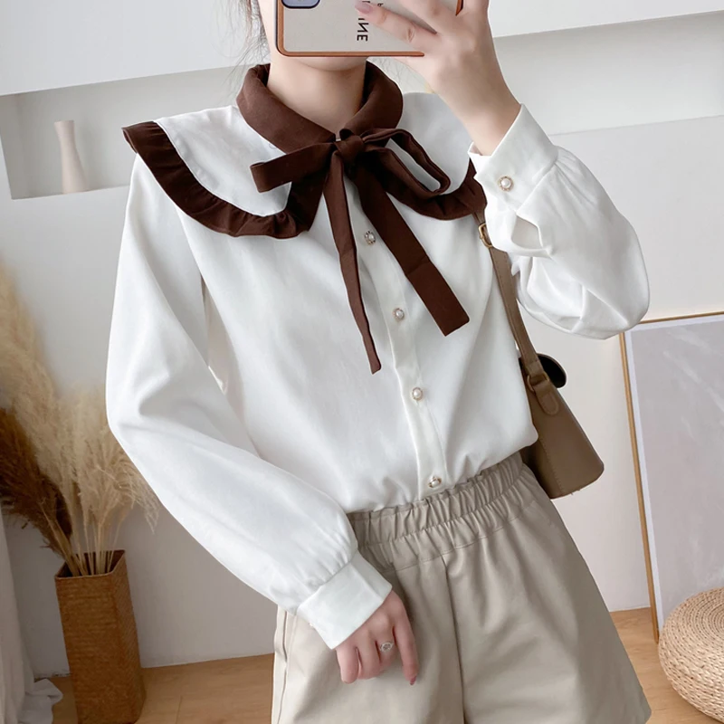 

Korean Style Bow tie Doll Collar Shirt Loose Corduroy Long Sleeve Blouse MAGOGO