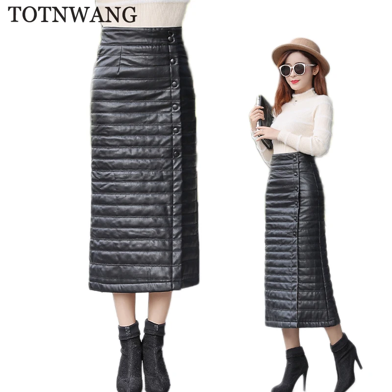 TOTNWANG 2019 новые черные теплые кожаные юбки для женщин повседневные размера плюс из