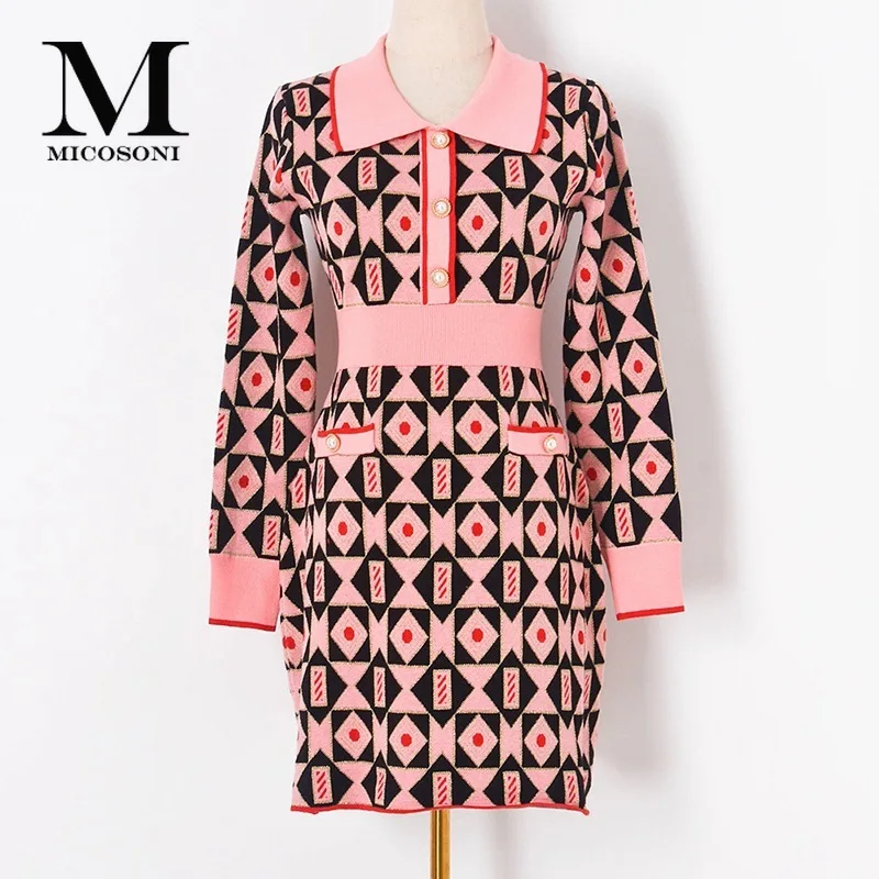 

Micosoni 2022 Autumn Winter New Gold Line Contrast Color Geometric Lapel Long Sleeve Button Knitted Sweater Dress Pink Yellow