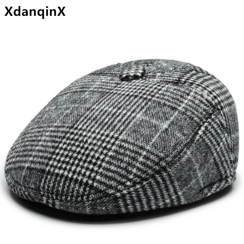 

XdanqinX new winter berets for men simple casual men's flat cap thick warm fluffy beret earmuffs hat black cap brands Dad's hat