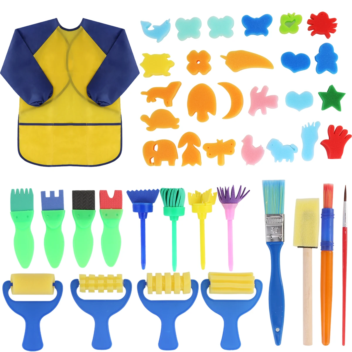 

Free ship 42pcs/lot Kids Sponge Painting Brush Set Child Painting Brushes Early Learning Drawing Kit Brushes Combination Apron