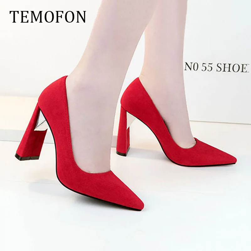 TEMOFON/модные женские туфли лодочки из флока Женская обувь на высоком каблуке