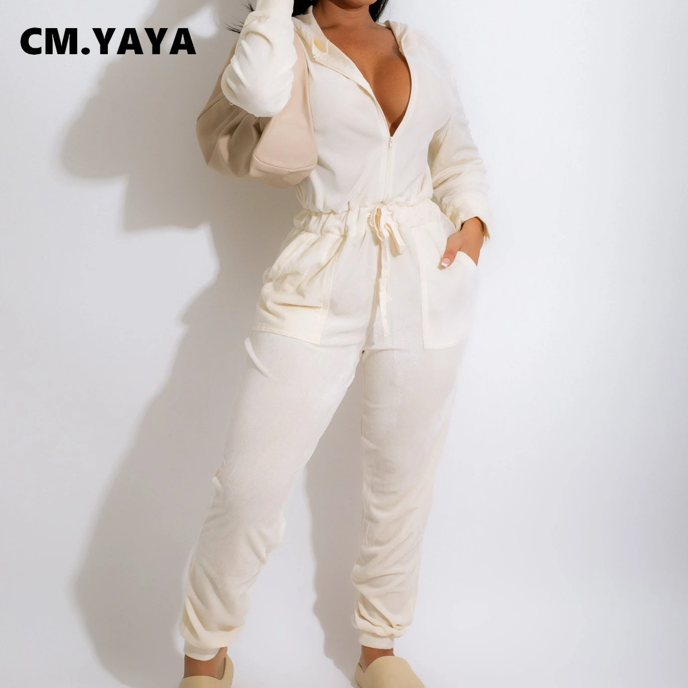 

CM.YAYA Winter Spring Fleece Active Women Zipper Fly Hooded Elastic Waist Jumpsuit Elegant Long Sleeve Romper One Piece Overalls