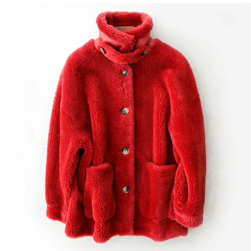 

natural real fur coat new fashion winter women pink jacket stand collar sheep shearing parka plus szie overszie pocket