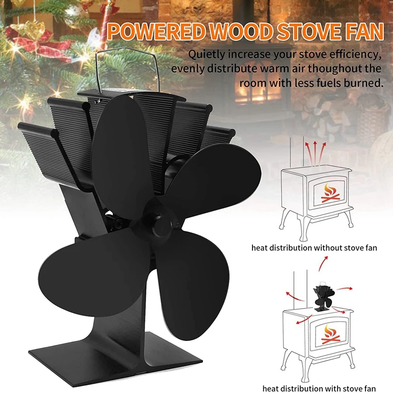 

4 Blades Heat Powered Stove Fan Wood Burning Stove Fireplace Fan for Heated Air Eco Stove Fan Wood Log Burner Fireplace