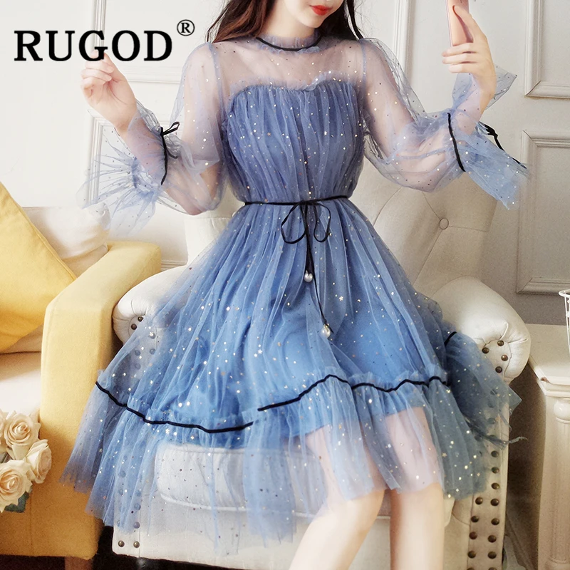 Женское кружевное платье с блестками RUGOD корейское вечернее однотонное в сеточку