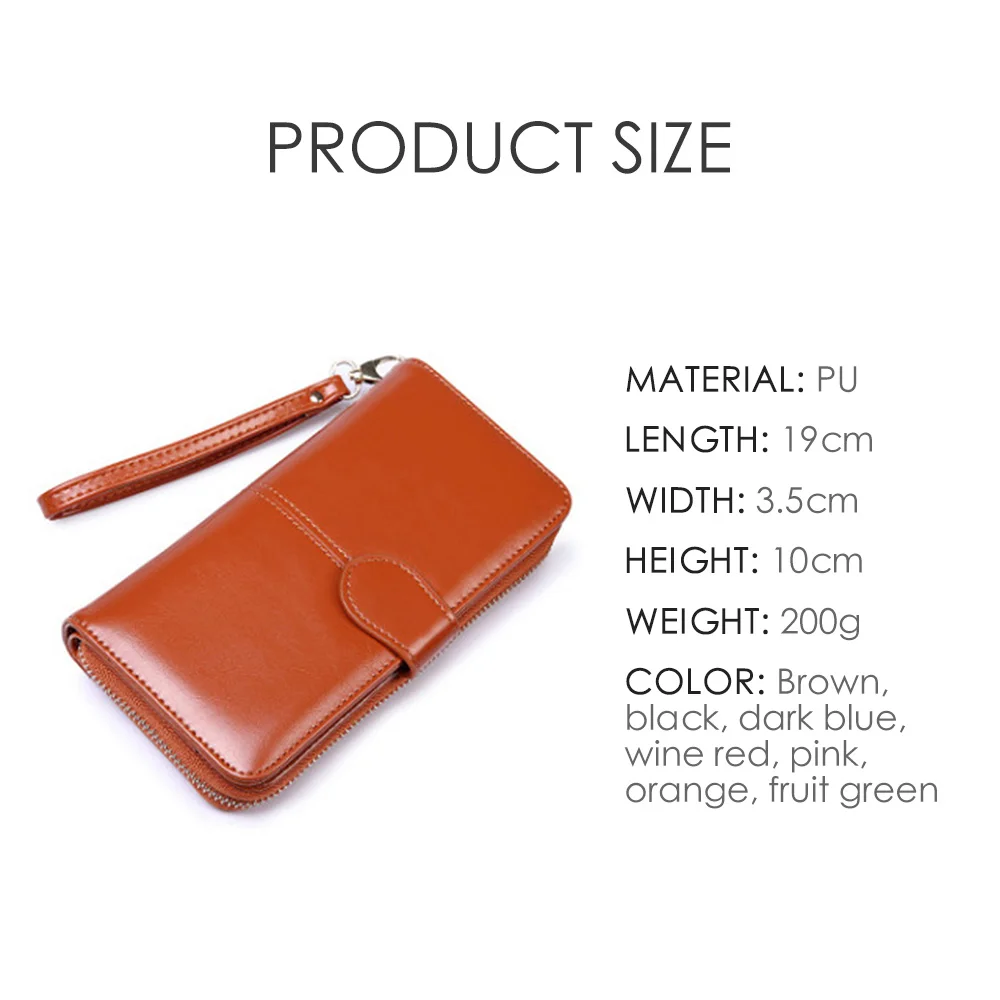 

Hot Leather Women Long Zipper Oil Wax Wallet Big Capacity Hasp Zipper Purse Ladies Long Wristlet Clutch Coin Card Holders 2021