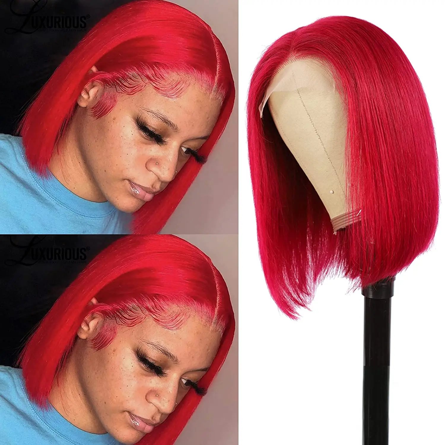 Straight Red Bob 13x1 Lace Front Wig 180% Density Glueless Colored Remy Pre Plucked Hairline T Part Human Hair Short Bob Wig