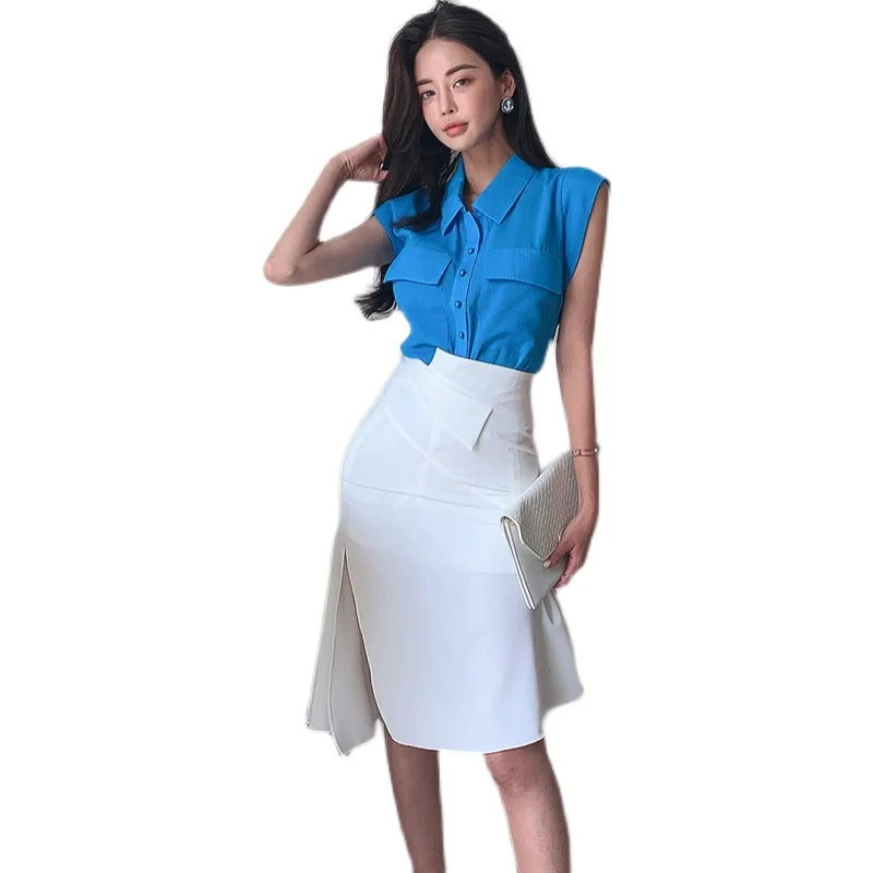 

New women two-piece dress Korean style temperament shirt top Hip skirt with slit waist fashion sexy style party for office dress