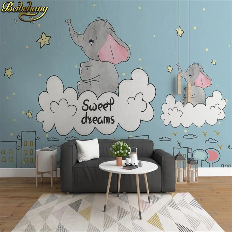 

beibehang custom 3D Cartoon fantasy white clouds stars baby elephant photo mural wallpaper children room background wall paper