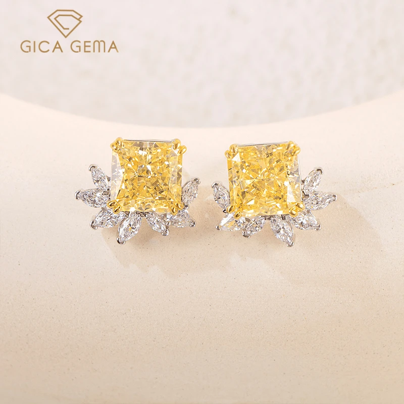 

GICA GEMA 925 Sterling Silver 10*10mm Yellow Square High Carbon Diamond Flower Stud Earrings For Women Sparkling Fine Jewelry