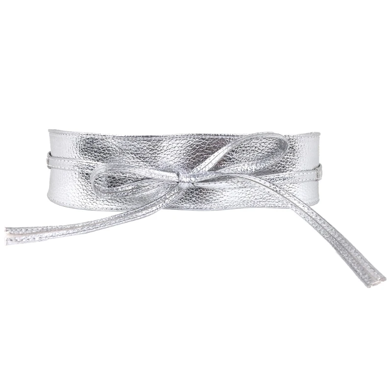 

Women Faux Leather Solid Color Waist Belt Bow Tie Wrap Around Corset Waistband