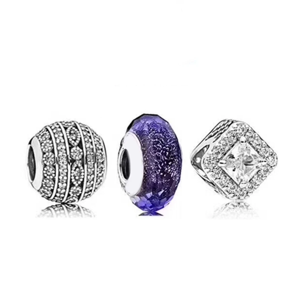 

NEW 100% 925 Sterling Silver Geometric Zircon Teardrop Charm Late Night Blue Glass Bead Set Noble Eternal Charming Luxury Gift