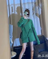 fashion loose sports suit women round neck long sleeve pullover green sweatshirtlace up traight shorts two piece suit