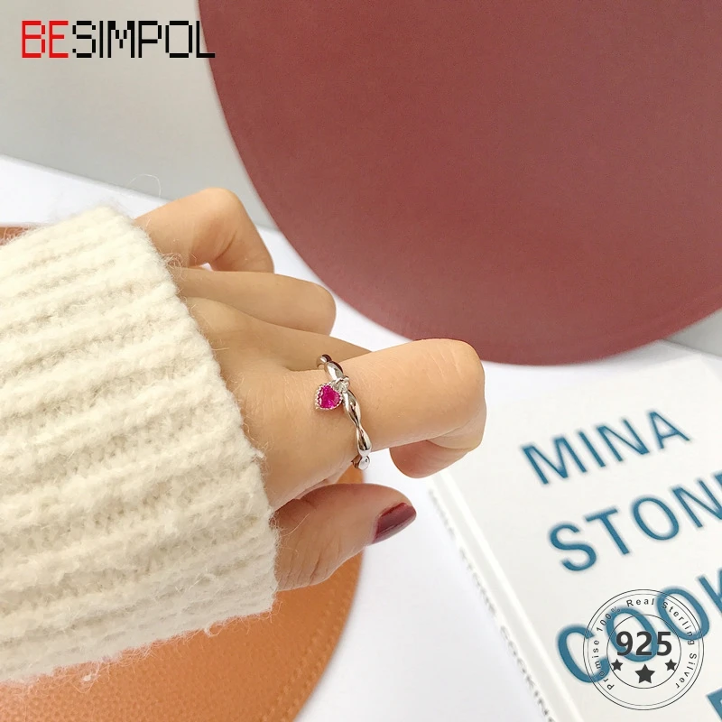 

Besimpol 100% Real 925 Sterling Silver Rings Simple Charm Red Corundum Heart Ruby Adjustable Ring For Women Fashion Fine Jewelry