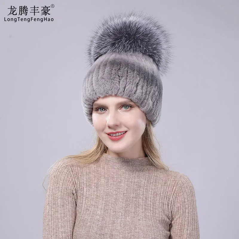 Женские шапки настоящий мех кролика однотонные шапочки с большим помпоном из