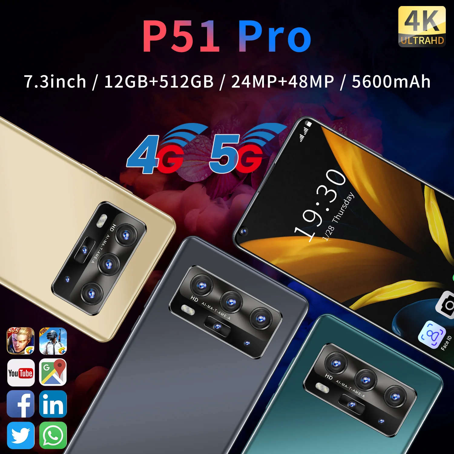 

2021 Global Version P51 Pro 5G 5600mAh 7.3 Inch Waterdrop HD Screen 12GB 512GB Cellphone Mobile Phone Android10.0 Smartphone