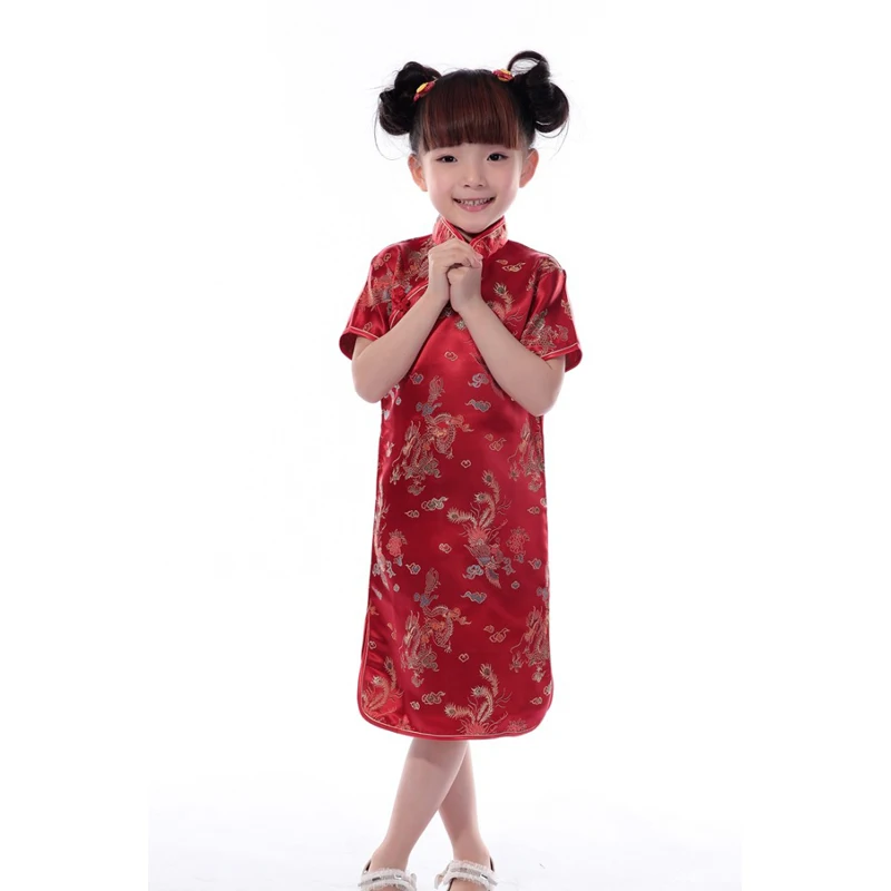 Red dress Детские винтажные восточные китайские традиционные костюмы для девочек с вышивкой дракона, атласные шелковые платья для девочек - Цвет: Red dress