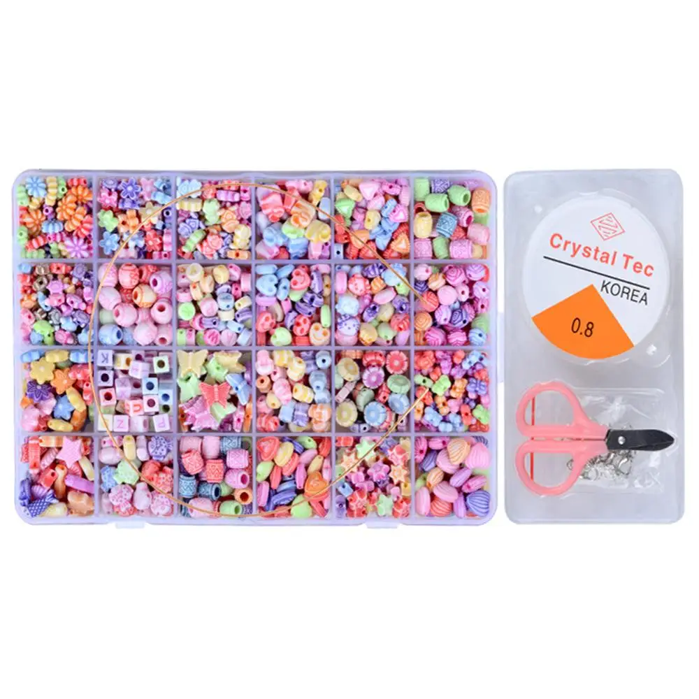 

1000PCS Colorful DIY Loose Beads Set Toy with Scissors Elastic Rope Open Rings Lobster Clasps for Kids Bracelet Jewelry Making