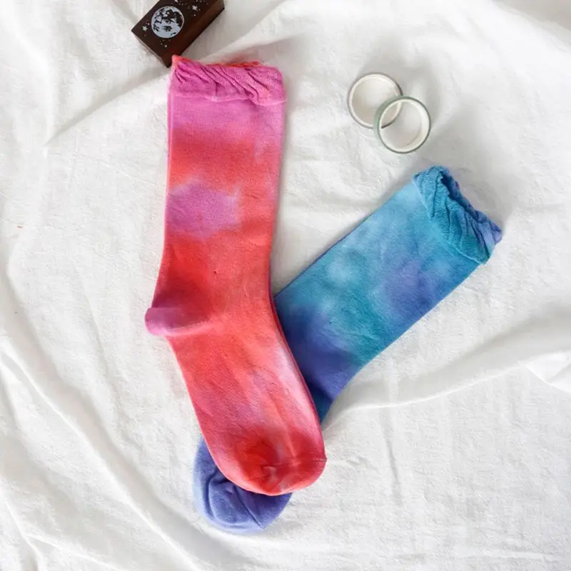 

5 Pairs Women Cotton Crew Socks Tie Dye Gradient Rainbow Bubble Cuff Hosiery