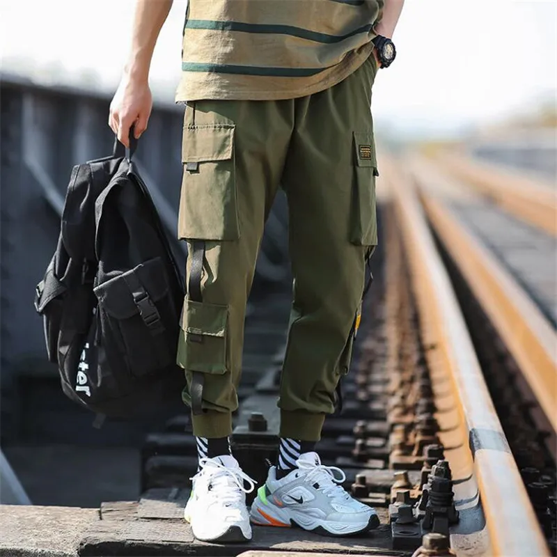 2021 Весна Брюки карго Для мужчин Drawstring хлопка много карманов ночной клуб бар брюки