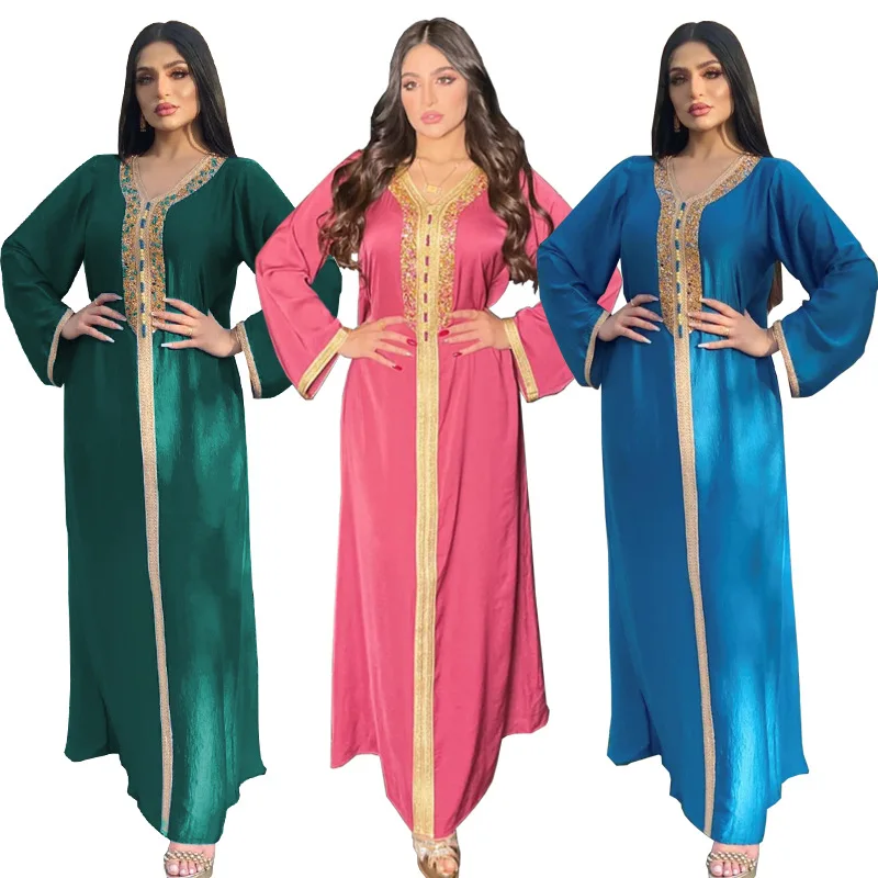 

Модное мусульманское хиджаб Jalabiya, платье для женщин, Бриллиантовая лента, V-образный вырез, длинный рукав, Средний Восток, искусственный Дуб...