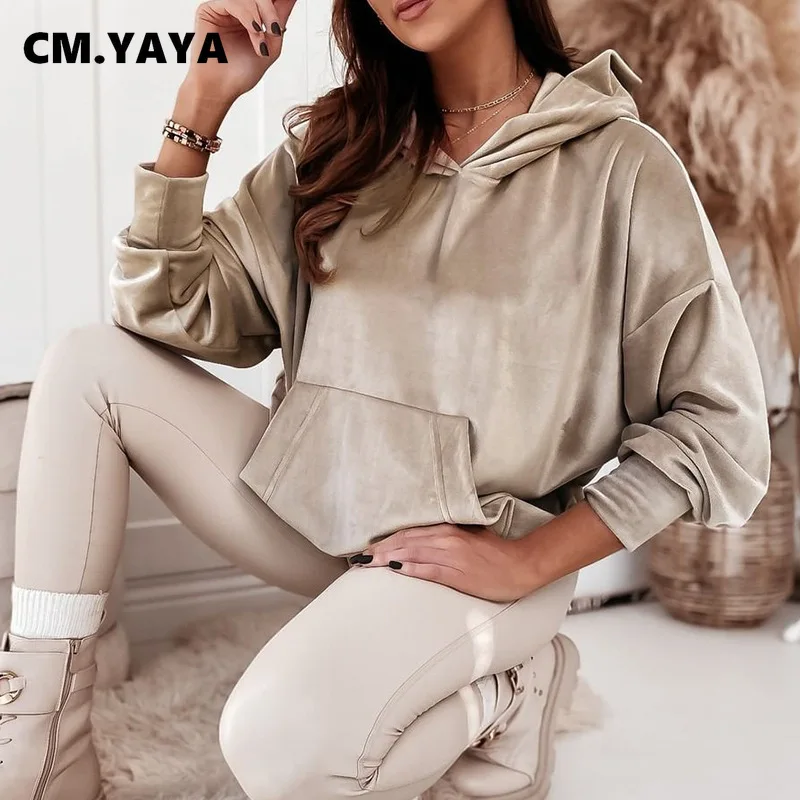 

Женский бархатный пуловер с капюшоном CM.YAYA, толстовка с длинным рукавом, зимние весенние толстовки, топы