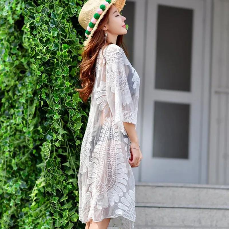 

Women Lace Summer Beach Tops Flower Print Embroidered Casual Long Sleeve Loose Sun Protection Long Shirt Large Size