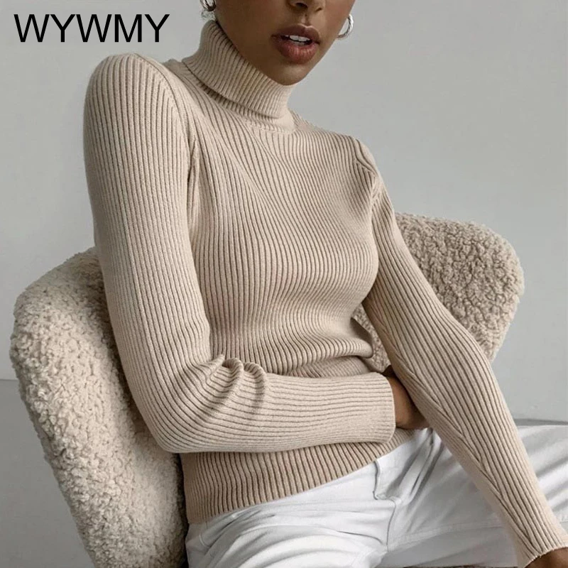 

WYWMY Autumn Winter Turtleneck Sweater Women Pullovers Solid Skinny Knitwear Long Sleeve Basic Sweater Ladies Fashion Office Top